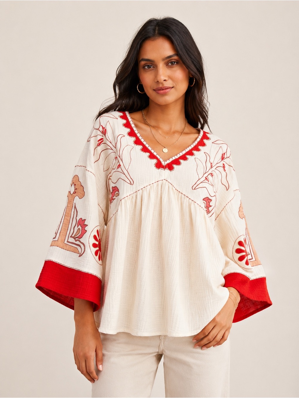 Easel Embroidered Cotton Gauze Babydoll Top – Ivory/Red